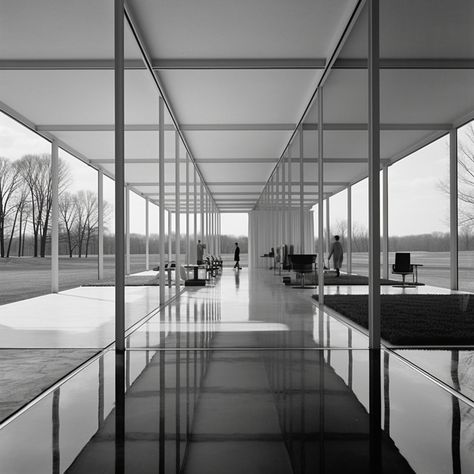 Building inspired by Ludwig Mies van der Rohe, featuring large glass windows and mirrors, which create a seamless connection between the indoor and outdoor spaces. Made with #midjourney #architecture #design #interiordesign #AI Mirror Facade Architecture, Mirror Cube Architecture, Mirror Pavilion Architecture, Mies Van Der Rohe Pavilion, Brick House Mies Van Der Rohe, Ludwig Mies Van Der Rohe, Mies Van Der Rohe, Glass Window, Outdoor Spaces