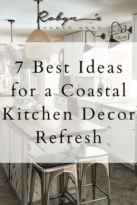 Coastal Decor Above Kitchen Cabinets, Coastal Kitchen Counter Decor Ideas, Coastal Kitchen Counter Decor, Coastal Kitchen Wall Decor, Coastal Bar Design, Costal Kitchen Aesthetic, Beach Decor Kitchen, Above Cabinet Decor Kitchen, Kitchen No Uppers