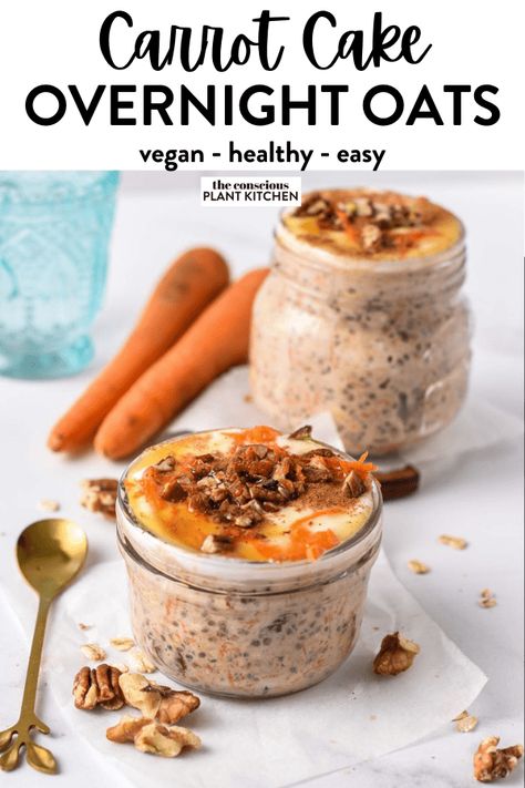 These Carrot Cake Overnight Oats are an easy, healthy vegan breakfast recipe with all the flavors of a carrot cake with a serving of vegetables. Simple Healthy Recipes Easy, Oat Carrot Cake, Carrot Cake Vegan, Carrot Cake Overnight Oats, Cake Overnight Oats, Vegan Overnight Oats, Healthy Vegan Breakfast, Vegan Carrot Cakes, Overnight Oats Healthy