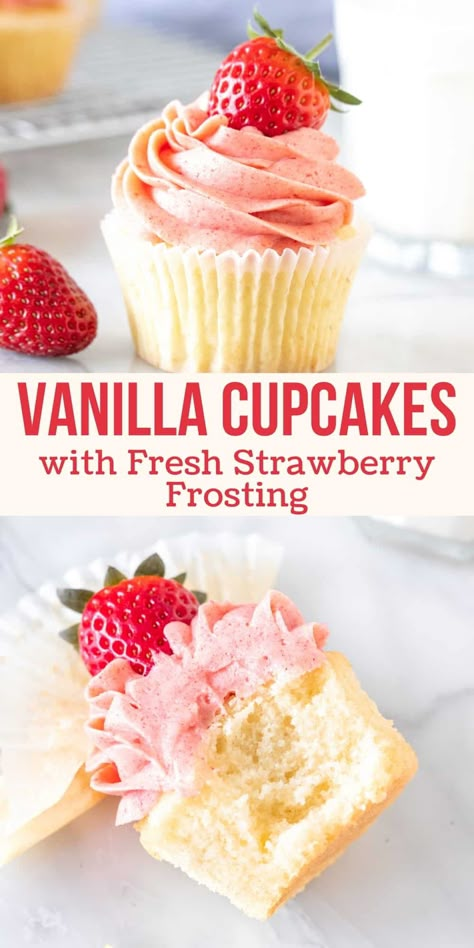 Fresh Strawberry Frosting, Cupcake Creme, Strawberry Frosting Recipes, Strawberry Cupcake Recipes, Homemade Cupcake Recipes, Easy Vanilla Cupcakes, Moist Vanilla Cupcakes, Vanilla Cupcake Recipe, Strawberry Frosting