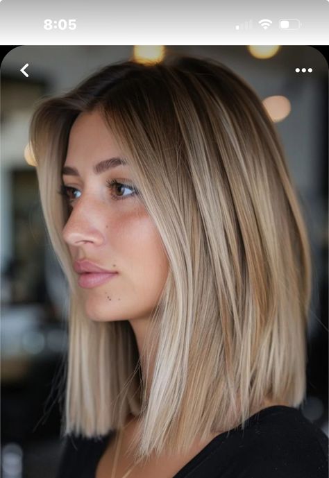 Long Balayage Bob, Mid Length Hair Blonde Straight, Mid Length Blonde Hair Balayage Straight, Bronde Bob Straight, Long Bob Haircuts For Fine Hair, Mid Length Blonde Balayage, Dark Blonde Hair Straight, Balayage Hair Blonde Bob, Short Hair Brown Balayage