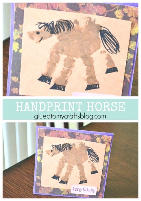 For those who absolutely LOVE horses! This Handprint Horse Keepsake Card is super easy to make and drop in the mail today! Handprint Horse, Horse Crafts Kids, Wild West Activities, Rodeo Crafts, Horse Keepsake, Wild West Crafts, Cowboy Crafts, Western Crafts, Love Horses