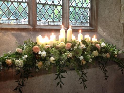 Peach & Cream Window Ledge Arrangement With Candles Flower Arrangements With Candles, Church Flowers Arrangements, Wedding Church Flowers, Wedding Flower Arrangements Church, Alter Flowers, Church Wedding Flowers, Church Window, Altar Flowers, Cascading Flowers