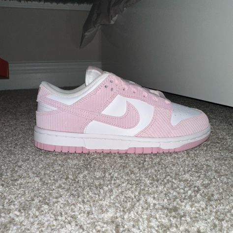 Hi Everyone, I'm Selling These Brand-New Pink Corduroy Nike Dunk Lows, Which I Purchased On Goat But Accidentally Got In The Wrong Size. The Good News Is That They've Never Been Worn And Are In Perfect Condition As Well As They Are Still In The Box That They Originally Arrived In. They're A Size 5.5 Women's/4 Men's. I'm Selling Them For $115 Usd, But I'm Willing To Negotiate The Price. Send Me A Dm For More Information! Trendy Shoes For Teens, Pink Panda Dunks, Nikes For Women, Cute Pink Shoes, Pink And White Shoes, Pink Nike Dunks, Nike Shoes Pink, Cheap Cute Shoes, Shoes For Teens