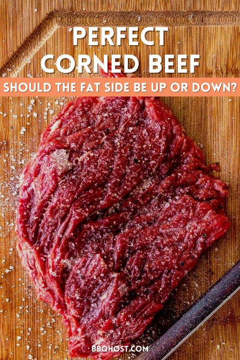 Cooking corned beef and wondering which way the fat should face? Discover the secrets to perfectly tender and flavorful meat for your grilled corned beef brisket or bbq corned beef recipes. Click to learn more and save for your next corned beef recipe! Homemade Corned Beef Recipes, How To Cook Corned Beef Brisket, Corn Beef Seasoning, Baked Corn Beef Brisket Recipe, How To Make Corned Beef, Bbq Corned Beef, Corned Beef Brisket Recipes, Corn Beef Recipes, Smoked Corn Beef