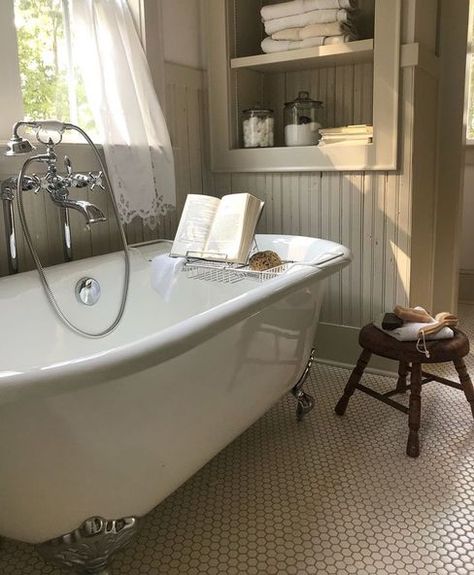 Claw Tubs, Clawfoot Tubs, Beadboard Bathroom, Beadboard Paneling, Hexagon Tile Floor, Tiled Floor, Vintage Tub, Tub Bathroom, New Toilet