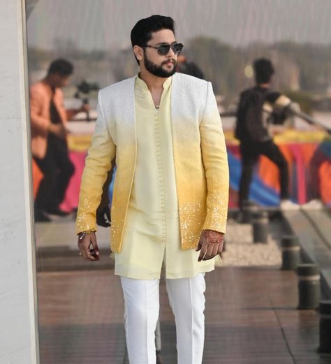 For the Haldi occasion, a men’s yellow Ombre jacket with kurta and bottom. This outfit blends traditional elements with modern aesthetics, perfect for the joyful and colourful Haldi ceremony. Groom @shivharesanyog Male Haldi Outfits, Yellow Haldi Outfit For Groom, Haldi Kurta For Groom, Haldi Outfits Men, Haldi Ceremony Outfit For Groom, Haldi Ceremony Groom, Men Haldi Outfit, Haldi Kurta For Men, Haldi Outfit For Men