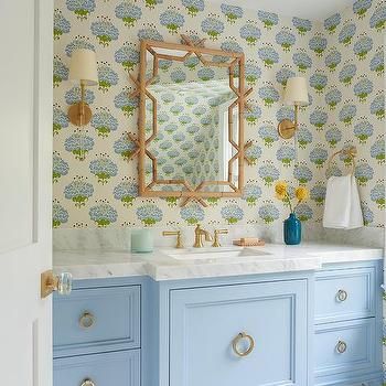 Katie Ridder, Bamboo Trellis, Bamboo Mirror, Peony Wallpaper, Beautiful Houses Interior, Blue Cabinets, Girls Bathroom, Bathroom Redo, New Traditional