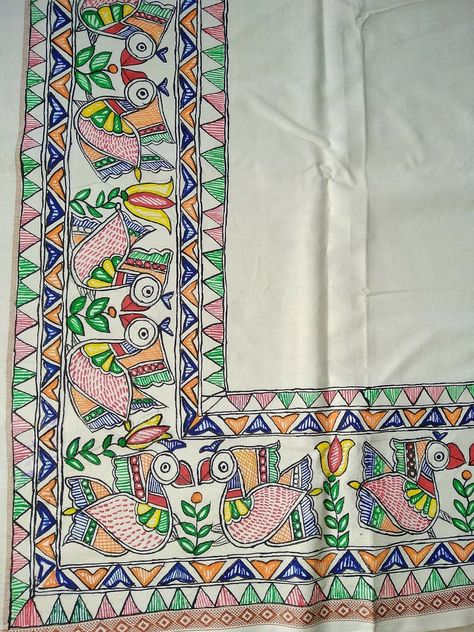 Madhubani On Dupatta, Alpona Drawing, Mithila Art, Silk Painting Techniques, Mithila Painting, Saree Painting Designs, Gond Painting, Madhubani Paintings, Saree Painting