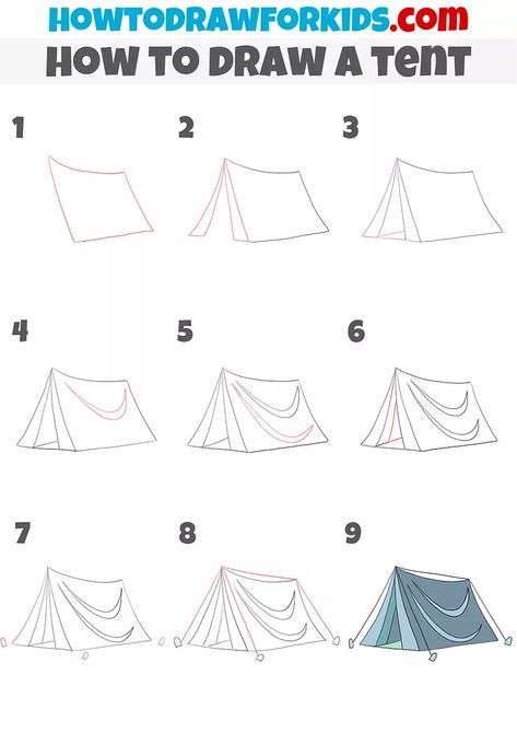 How to Draw a Tent - Easy Drawing Tutorial For Kids Tent Camping Drawing, Easy Camping Drawings, Tent Sketch, Tent Drawing, Draw Buildings, Camping Drawing, Easy Drawing Steps, Sketching Tips, How To Draw Steps