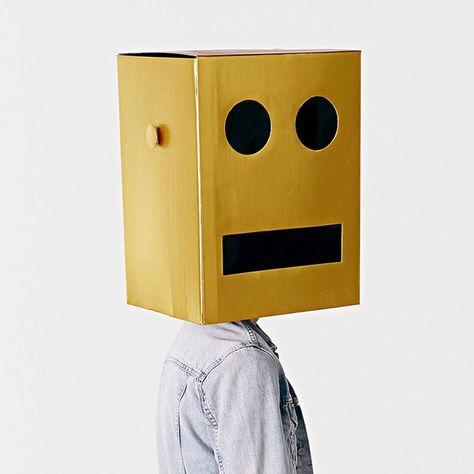 Giant Robot Block Head Costume Vocabulary Parade, Cardboard Robot, Box Robot, Robot Head, Mystery Science, Event Booth, Block Head, Photography Collage, Creepy Pictures