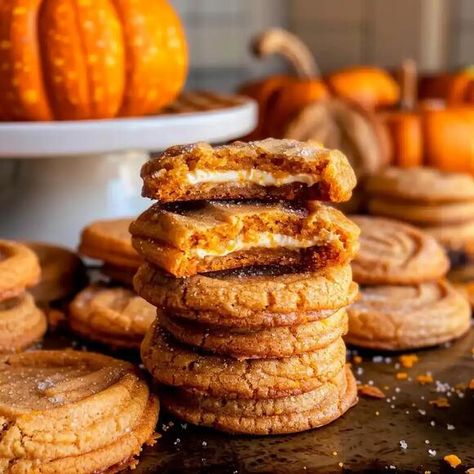 Pumpkin Cheesecake Cookies – Soft, Spiced Pumpkin Cookies with a Creamy Cheesecake Surprise - NewsBreak Pumpkin Cheesecake Cookies Recipe, Pumpkin Cookie Dough, Quick Fall Recipes, Fall Desert, Pumpkin Cheesecake Cookies, Cheesecake Cookies Recipes, Cheesecake Pumpkin, Thanksgiving Baking, Chocolate Chip Muffin Recipe