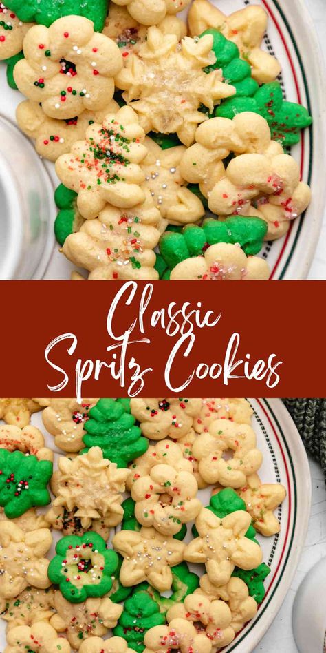 Classic spritz cookie recipe makes delicate shaped butter cookies. This simple Christmas cookie recipe takes less than 30 minutes to make! How To Make Spritz Cookies, Spritz Cookies Betty Crocker, Recipe For Spritz Cookies, Butter Spritz Cookie Recipe, Classic Spritz Cookies Recipes, Spritz Butter Cookies Recipe, Spiced Spritz Cookies, Land O Lakes Spritz Cookies, Original Spritz Cookie Recipe