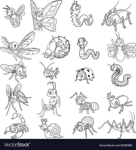 Set of Funny Insects Cartoon Character Line Art Vector Image Kids Colouring Pages, Insect Cartoon, Character Flat Design, Drawing Anime Bodies, Line Animation, Kids Colouring, Pencil Portrait Drawing, Illustration Art Kids, Scary Tattoos