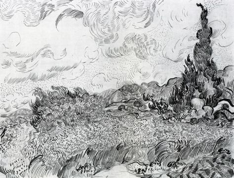 Cypress drawing – Vincent van Gogh Wheat Field With Cypresses, Van Gogh Drawings, Van Gogh Landscapes, Drawing Scenery, Arte Van Gogh, Landscape Sketch, Georges Seurat, Drawing Faces, Van Gogh Museum