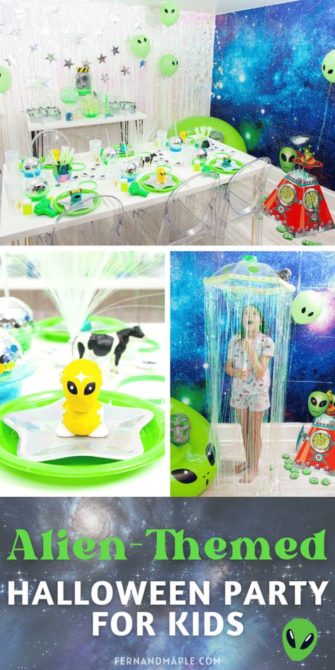 Alien-Themed Halloween Party for Kids or Tweens - Fern and Maple Alien Party Favors, Alien Party Ideas Outer Space, Alien Photo Booth, Diy Alien Party Decorations, Alien Bday Party, Alien Invasion Party, Alien Party Theme, Alien Party Games, Alien Themed Food