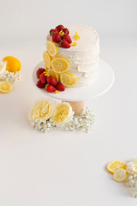 Strawberry Lemon Cake Lemon Cake With Fruit On Top, Lemon Strawberry Cake Decoration, Easy Strawberry Lemon Cake, Strawberry Lemon Wedding Cake, Strawberry Lemon Birthday Cake, Lemon And Strawberry Cake, Lemon Cake Decoration Ideas, Lemon Layered Cake, Lemon Strawberry Cake