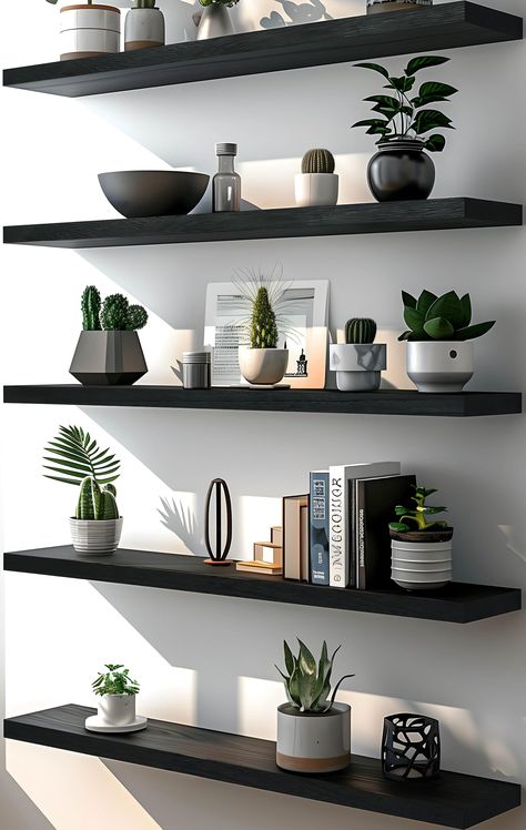 PRICES MAY VARY. 🌲【BEAUTIFUL GRAIN FLOATING SHELVES】Rustic look, stereoscopic wood grain, farmhouse floating shelves coordinates perfectly with your home decor, it brings a whole new life to your bathroom, bedroom, office or kitchen, you will receive tons of compliments on it! 🌲【HIGH QUALITY STURDY WALL SHELF】The premium wall shelf depends on the handpicked wood materials, durable hardware, and can hold a surprising amount of weight. 🌲【EASY TO INSTALL WOOD SHELVES】All hardware is included wit Floating Shelves With Desk, Feature Wall Shelves, Boys Room Floating Shelves, Dark Shelves In Living Room, Black Minimalist Decor, Work Office Shelf Decor, Box Shelving Ideas, Guy House Decor, Dark Office Decor