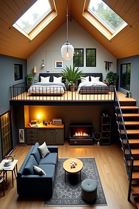 Mezzanine Beds, Open Loft Ideas, Small Loft House Design, Mini Loft Apartment, Mezzanine House Design, Small Loft House, Modern Loft Interior, Loft Home Design, Disco Ideas