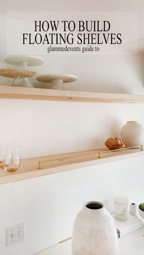 Diy Floating Shelves Kitchen, Floating Kitchen Shelf, Make Floating Shelves, Kitchen Floating Shelf, Kitchen Floating Shelves Decor, Pockets Of Peace, Dorm Room Shelves, Shelf Installation, Minimal Shelves