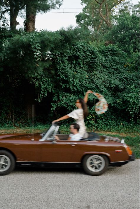 Vintage glam in a 1979 MG Midget by Rebecca Oswald Photography. Vintage Car Shoot Photography, Driving Convertible Aesthetic, Vintage Travel Photos, Convertible Photoshoot Ideas, Vintage Car Photos, Vintage Convertible Photoshoot, Candids Aesthetic, Convertible Car Photoshoot, Vintage Car Couple Photoshoot