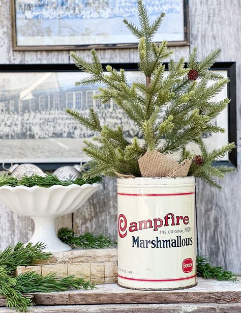 Rustic Winter Decor Diy, Vintage Thermos Decor, Blue Farmhouse Decor, Christmas Crock, Bucket Crafts, Campfire Marshmallows, Blue Farmhouse, Christmas Lodge, Vintage Thermos