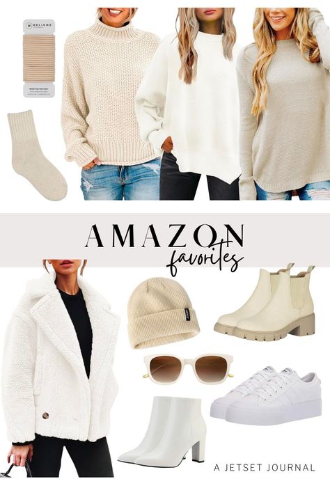 Elevate your winter style with timeless whites and creamy beige pieces from Amazon fashion! Stay cozy in the an oversized Knit Pullover – perfect for lounging or dressing up. Add a layer of chic warmth with a Sherpa Coat in winter white. Complete your look with a Cuffed Beanie Hat, available in various colors to match your style. Keep warm in style with the thick Boot Socks, paired effortlessly with classic boots and sneakers. Shop more white and cream outfits ideas on A Jetset Journal Cozy Cream Outerwear For Winter, Cozy Cream Hooded Jacket For Winter, Cream Casual Hoodie With Cozy Fit, Cozy Cream Hoodie For Winter, Affordable Cream Winter Sweater, Linen Outfit Summer, Cream Boots Outfit, Women's Wardrobe Essentials, Casual Christmas Party Outfit