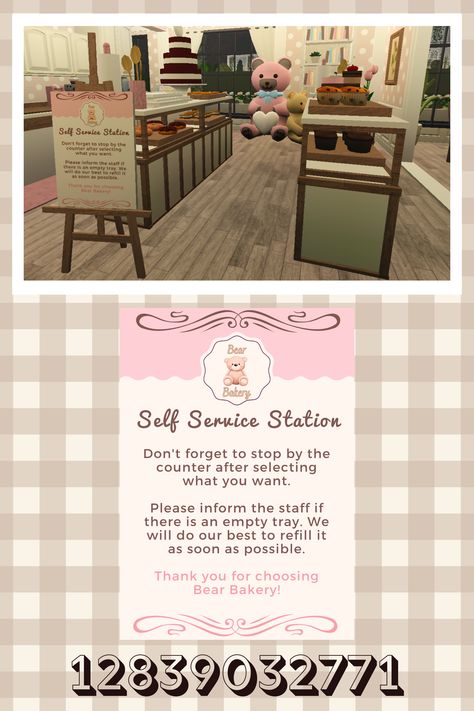 Bloxburg Cafe Seating Ideas, Bloxburg Sweet Shop Decals, Bear Bakery Bloxburg, Boba Decal Bloxburg, Bloxburg Bear Decal Codes, Bloxburg Cafe Decals Codes Pink, Bloxburg Cashier, Cafe Design Bloxburg, Bloxburg Cafe And Apartment