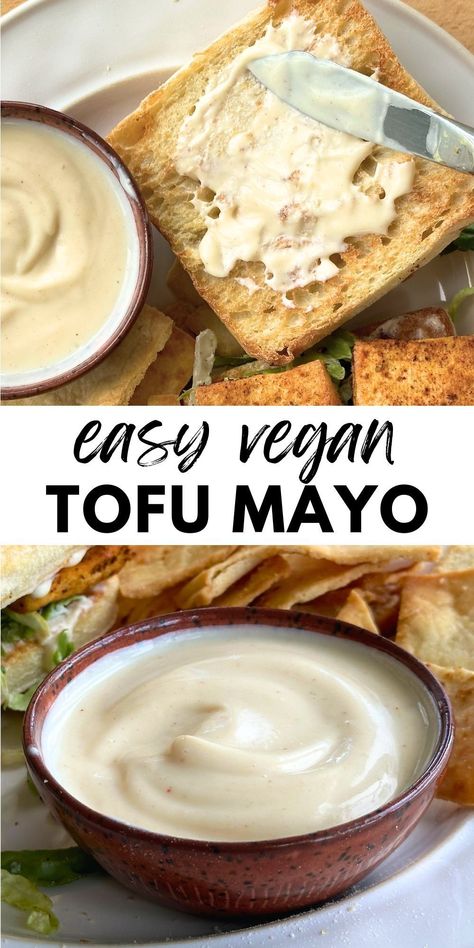 Vegan Tofu Mayo is creamy and tangy, perfect for making chickpea salad sandwiches or homemade ranch salad dressing. This easy mayonnaise recipe is ready in minutes using silken tofu. Plus, it’s a great staple to have on hand to use in all your favorite recipes just as you would storebought mayonnaise. It’s great in soy curl chicken salad, vegan coleslaw, and vegan bang bang sauce. Tofu Mayonnaise Recipe, Silken Tofu Dressing Recipes, 22 Day Revolution Recipes, Tofu Dressing Recipe, Silken Tofu Salad Dressing, Homemade Tofu Recipes, Silken Tofu Sauce Recipes, Homemade Vegan Mayo, Chicken Salad Vegan