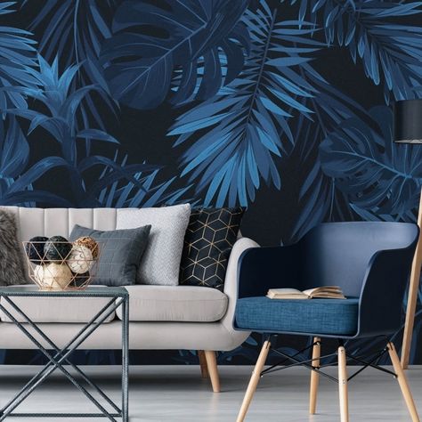 Blue Entryway, I Love Wallpaper, Hawaiian Plants, Dark Background Wallpaper, Wallpaper Uk, Bedroom Murals, Wallpaper Living Room, Wallpaper Bedroom, Blue Walls