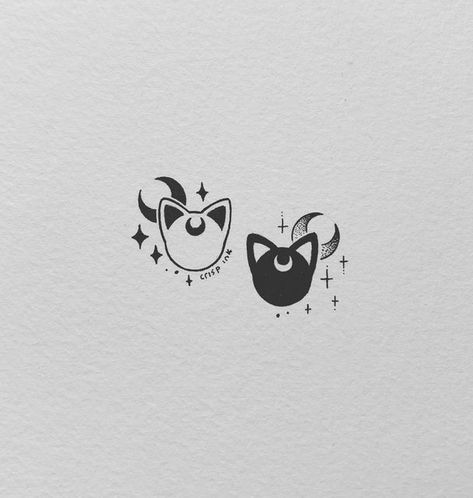 Sailor Moon Tattoo Matching, Sailor Moon Line Art Tattoo, Artemis And Luna Tattoo, 3 Moons Tattoo, Small Sailor Moon Tattoo Simple, Matching Character Tattoos, Luna Cat Tattoo Sailor Moon, Luna Artemis Tattoo, Sailor Moon Tattoo Ideas Minimalist