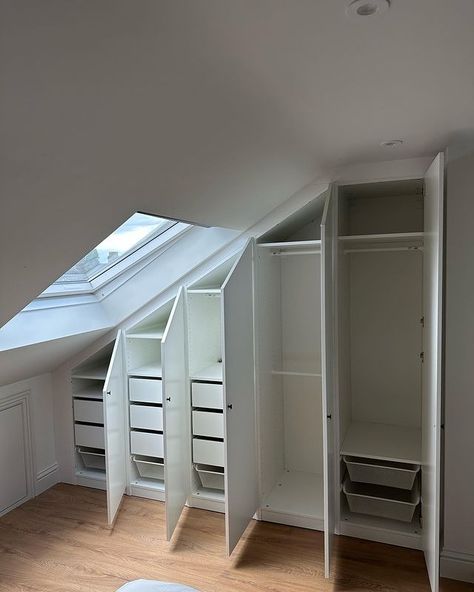 ikea pax sloped ceiling • Instagram Pax Sloped Ceiling, Ikea Pax Sloped Ceiling, Sloped Wardrobe, Wardrobe Sloped Ceiling, Slanted Closet Ideas Sloped Ceiling, Sloped Ceiling Wardrobe, Bedroom With Sloped Ceiling, Pax Ikea Wardrobe, Slanted Ceiling Closet