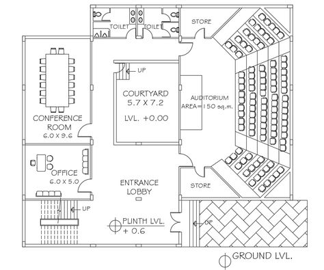 the AutoCAD drawing of 150 square meter auditorium hall plan design that shows court yard, entrance lobby, conference room, admin office, and store room with all measurement detail. Thank you for downloading the AutoCAD file and other CAD program from our website. Library Architecture Plan, Small Auditorium Design, Lobby Plan, Auditorium Plan, Yard Entrance, Theatre Architecture, Conference Room Design, Library Plan, Church Building Design