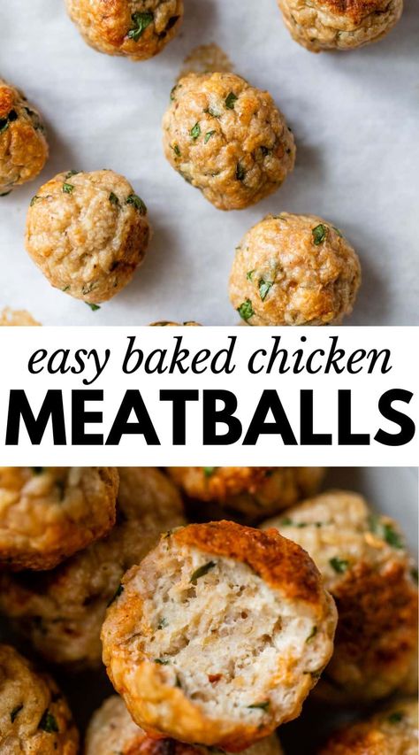 These Baked Chicken Meatballs are made with minimal ingredients and are bursting with irresistible Italian flavor. They’re delicious served on their own or covered in sauce on top of pasta. Chicken Meatballs And Pasta Healthy, Chicken Cheese Meatballs, Chicken Meatballs Oven Baked, Chicken Spinach Meatballs Baked, Chicken Broccoli Meatballs, Simple Chicken Meatballs, Green Chicken Meatballs, Minimal Ingredient Healthy Recipes, Chicken And Veggie Meatballs