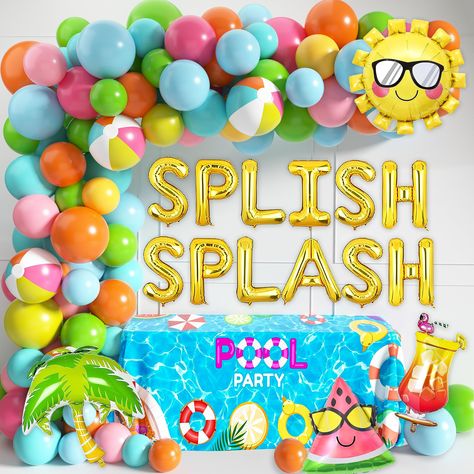 PRICES MAY VARY. Splish Splash Party Balloon Garland -- You will get 140 pieces latex balloons( 7 colors), gold 16 inch " SPLISH SPLASH" foil balloons banner, 4 pieces foil balloons, 2 pieces 11.8 inch beach balls, 2 pieces 4.7 inch beach balls, 1 roll balloon ribbon 1 piece balloon tape strip and 1 piece role balloon dot glue. Tropical Theme Natural Latex Balloons -- The balloons are made of high quality natural latex material, not easy to break, and the colors are real and bright. When inflate Splish Splash Party Decorations, Splish Splash Party, Party Balloon Garland, Splash Party, Pool Beach Party, Summer Party Themes, Beach Balls, Beach Party Decorations, Pool Birthday