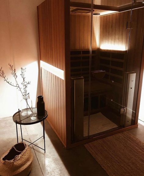 Elegant simplicity! Creating the mood for a relaxing sauna soirée. ⁠This is a Clearlight Sanctuary-2 with Full Spectrum heaters emitting near, mid and far infrared, Chromotherapy lighting, sound system with Nakamichi speakers, sauna skylight, and a 💯% Lifetime Warranty. ⁠🙏🏽 @thenimbusco ⁠🌀For pricing and questions, please write sage@HealwithHeat.com. See our profile for details. ⁠#infrared #infraredsauna Sauna Bathroom Ideas, Clearlight Sauna, Home Infrared Sauna, Sauna Lights, Infrared Sauna Benefits, Home Spa Room, Wellness Room, Sauna Benefits, Indoor Spa