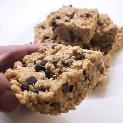 Protein Crisp Bars | Dr. Sara Solomon Protein Crispy Bars, Rice Krispie Protein Bars, Crispy Protein Bar, Rice Crispy Protein Bars, Soy Protein Crisp Recipes, Mini Chocolate Chips Recipes, Protein Rice Crispy, Protein Rice Crispy Treats, Whey Recipes