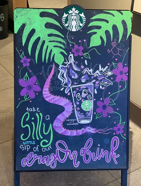 Starbucks Sign Art, Partner Of The Quarter Starbucks Board, Starbucks Summer Chalkboard Art, Spring Starbucks Chalkboard Art, Deli Board, Starbucks Poster, Restaurant Board, Starbucks Chalkboard, Dragon Drink