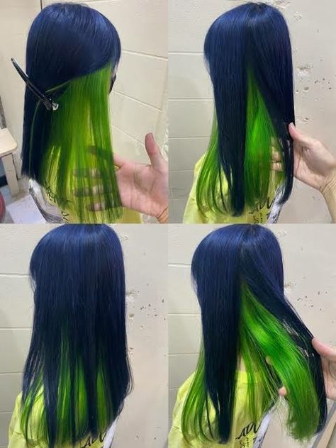 Blue And Neon Green Hair, Blue And Green Dyed Hair, Three Colored Hair, Halloween Costumes Green Hair, Blue And Green Hair Ideas, Green To Blue Hair, Teal And Green Hair, Blue Hair Peekaboo, Dark Blue And Green Hair