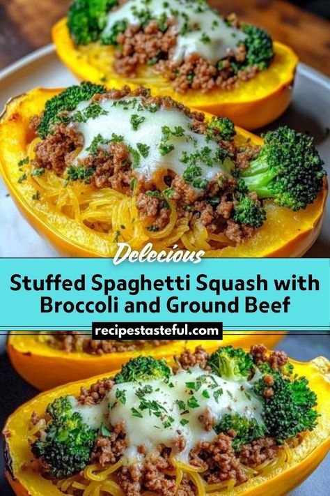 This healthy and delicious meal features a roasted spaghetti squash filled with a savory mixture of ground beef, fresh broccoli, and melted mozzarella cheese, making it a perfect dinner option. Spaghetti Squash Recipes Healthy, Roasted Spaghetti Squash, Stuffed Spaghetti Squash, Ground Beef And Broccoli, Cooking Spaghetti Squash, Recipes Using Ground Beef, Ground Beef Recipe, Spaghetti Squash Recipes, Cheese Making