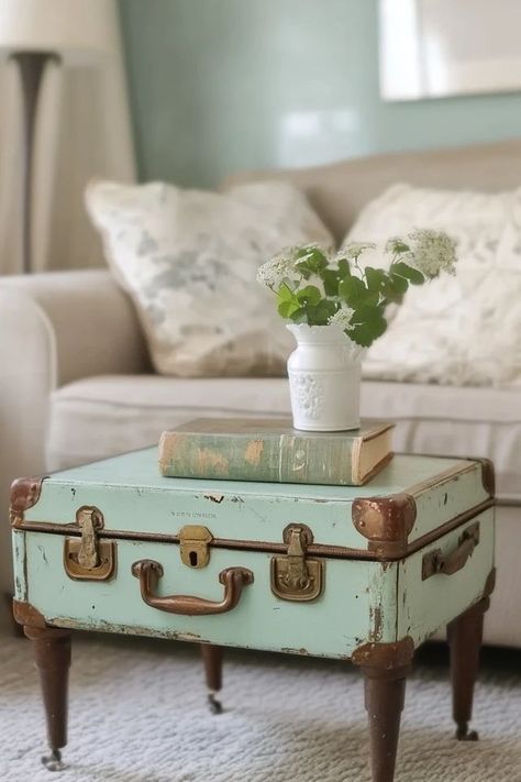 "Turn a vintage suitcase into a charming table with this DIY project! 🛠️🧳 Perfect for adding a nostalgic touch to your home decor. 🌟✨ #VintageSuitcase #DIYProjects #UniqueFurniture" Suitcase Decor Ideas, Upcycling Ideas Furniture, Diy Vintage Suitcase, Vintage Suitcase Decor, Vintage Suitcase Table, Suitcase Table, Suitcase Decor, Distressed Furniture Diy, Diy Suitcase