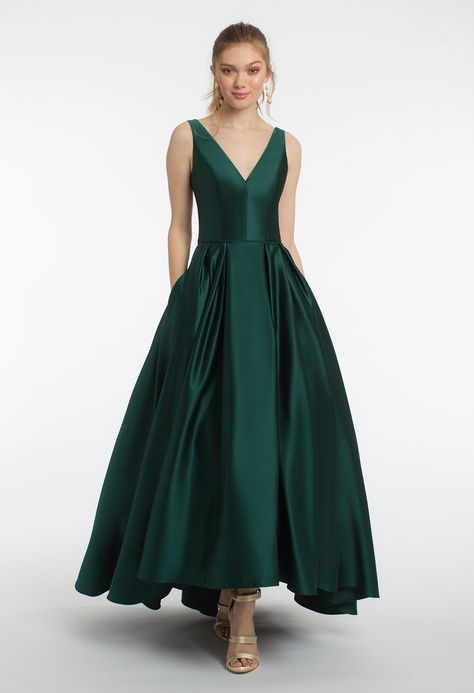 V-Neck Satin High-Low Ball Gown Dress High Low Ball Gown, Recital Dress, Ball Gown Dress, Stunning Bridesmaid Dresses, Gold Clutch, Grad Dresses, Gowns With Sleeves, Body Dress, Gold Heels