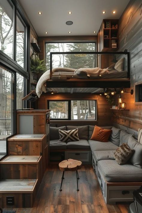 Tiny Homes Mid Century Loft, Loft Tiny House, Treehouse Interior, Industrial Mid Century, Farmhouse Life, Loft Bed Plans, Stylish Bedroom Design, Tiny House Loft, Loft Industrial