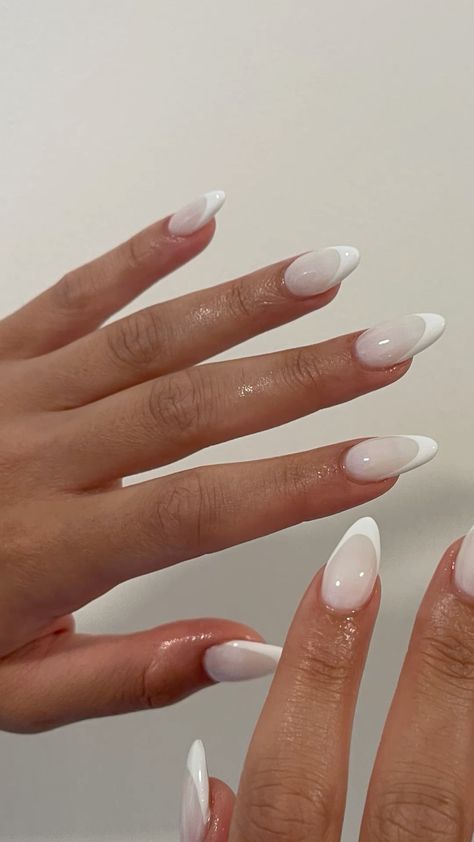 Milky White Nail With French Tip, Milky White Nails With French Tip Almond, French Manicure With White Base, Milky White On White French Nails, White On White Almond French, White On White French Tip Nails Almond, Milky White Nails With White French Tip, Milk French Tip Nails, White On White French Almond Nails