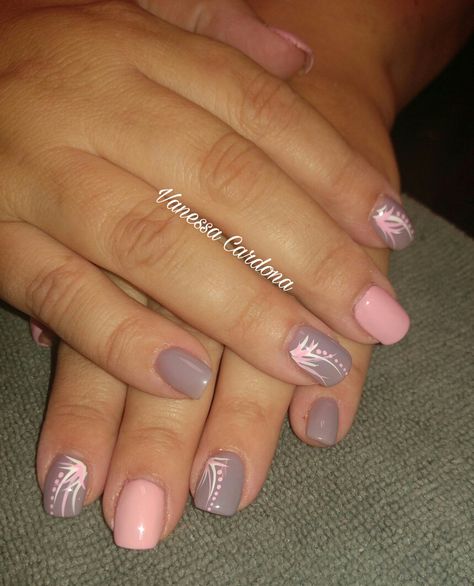 Short square overlay acrylic pink gray nail art designs hand painted white art pink art gel polish Panache Nails by Vanessa Nails Gel Square, Pink Grey Nails, Gel Overlay Nails, Square Overlay, Gray Nail, Grey Nail Art, Nail Design Glitter, Overlay Nails, Grey Nail Designs