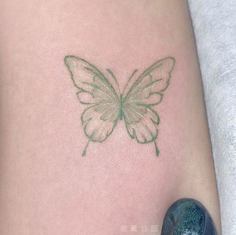 Purple Outline Tattoo, Green Tattoo Aesthetic, Soft Butterfly Tattoo, Small Butterfly Tattoo Color, Butterfly With Words Tattoo, Green Tattoos For Women, Green Line Tattoo, Butterfly Tattoo Aesthetic, Iridescent Tattoo