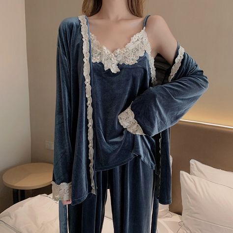 Lace 3PCS Pajamas Suit Autumn New Nightwear Home Clothing Velour Sleep Set Intimate Lingerie Casual Velvet Homewear Pyjamas https://www.awin1.com/pclick.php?p=34847754277&a=1183052&m=6378 Dark Royal Pajamas, Winter Pyjamas Nightwear, Lingerie Sleeping Outfit, Whimsigoth Pajamas, Sleeping Clothes Nightwear, Dark Academia Pajamas, Gothic Pajamas, Velvet Pyjamas, Fancy Pajamas