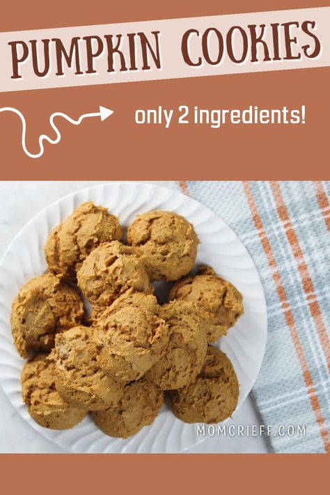 These two ingredient pumpkin spice cookies are as easy as they are delicious. Quick to make too! Pumpkin Quickies, 2 Ingredient Pumpkin Muffins, Pumpkin Cookies Easy, Spice Cake Mix And Pumpkin, 3 Ingredient Cookies, Pumpkin Spice Donut, Pumpkin Spice Cookies, Two Ingredient, Pumpkin Spice Cake