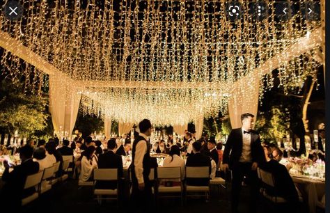 String Lights with icicle or meterior drop instead of twinkle lights installed on the tent Wedding Tent Lighting, White Tent Wedding, Wedding Reception Lighting, Hotel Bel Air, Clear Tent, Rustic Style Wedding, Wedding Canopy, Tent Decorations, Tent Lighting