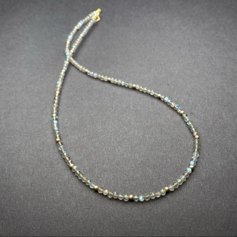 Beautiful Handmade Beaded Choker Necklace Beaded With 3.25 Mm Genuine Natural Micro Faceted Labradorite Crystal Beaded And Accented With 14k Gold Filled Metal. Labradorite Necklace, Handmade Gold Labradorite Beaded Necklaces, Adjustable Beaded Labradorite Necklaces, Bohemian Labradorite Beaded Necklaces, Bohemian Labradorite Beaded Necklace, Elegant Labradorite Necklace With Faceted Beads, Purple Stone Necklace, Harlow Necklace, Tooth Necklace